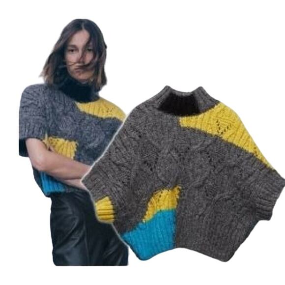 Zara Sweaters - Zara Gray Colorblock Cable Knit Mock Neck Poncho Sweater Size Medium